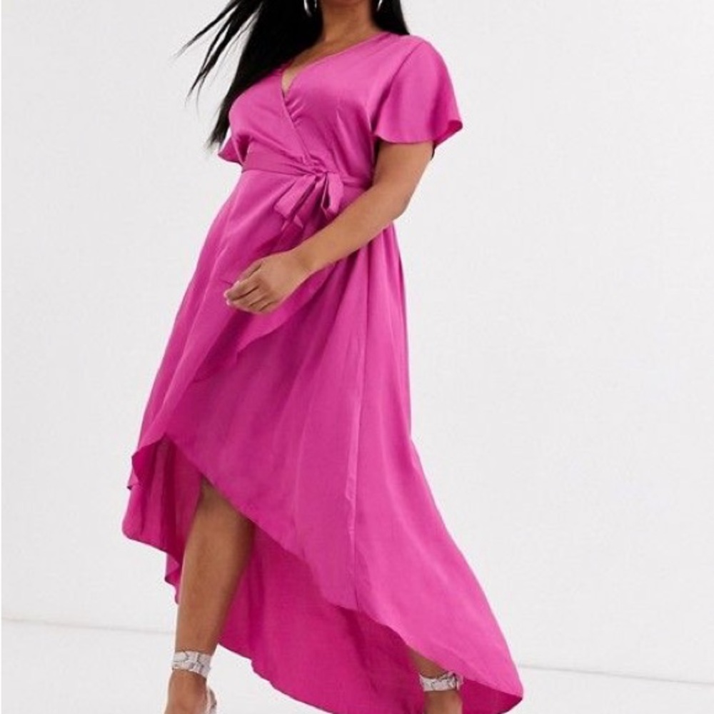 Missguided Hot Pink Satin Wrap Dress
